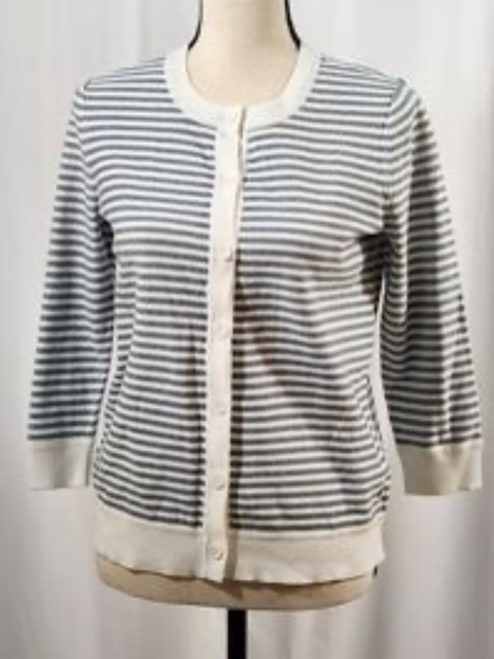 Eddie Bauer Striped Button-Front Cardigan - Gray & White